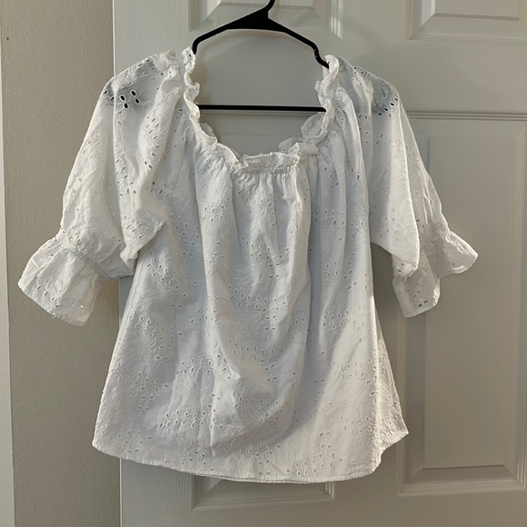 Ophelia Roe Tops - White eyelet wide neck/off shoulder with 3/4 sleeve